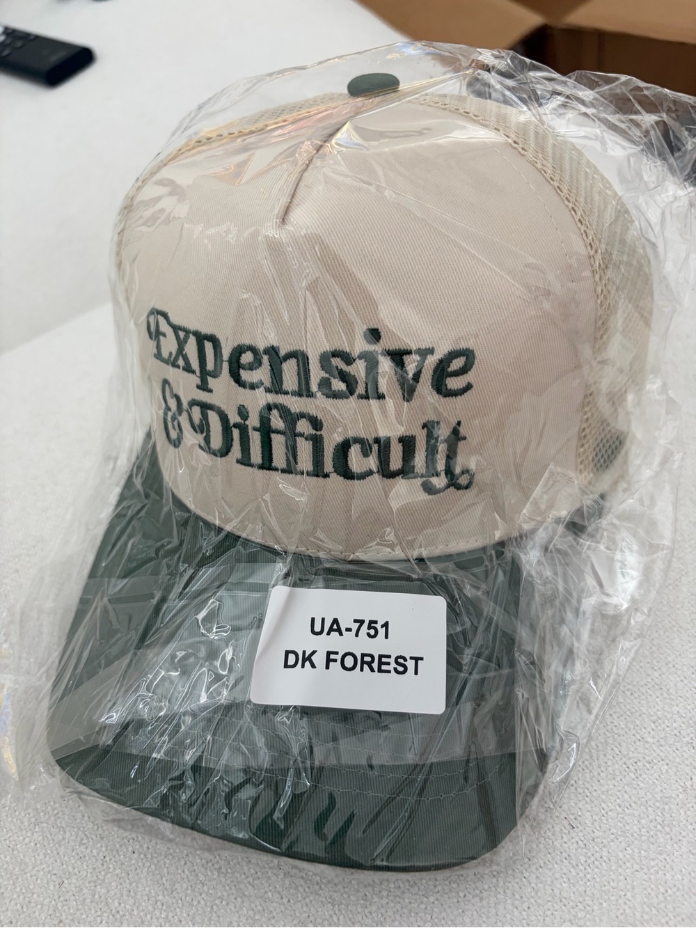 Expensive & Difficult Trucker Cap - Beige and Dark Forest Green